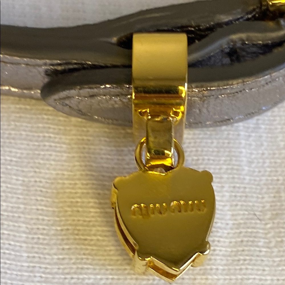 Miu Miu Silver Metallic Leather Bracelet with Goldtone Metal & Rhinestone (7.5") - Picture 6 of 6